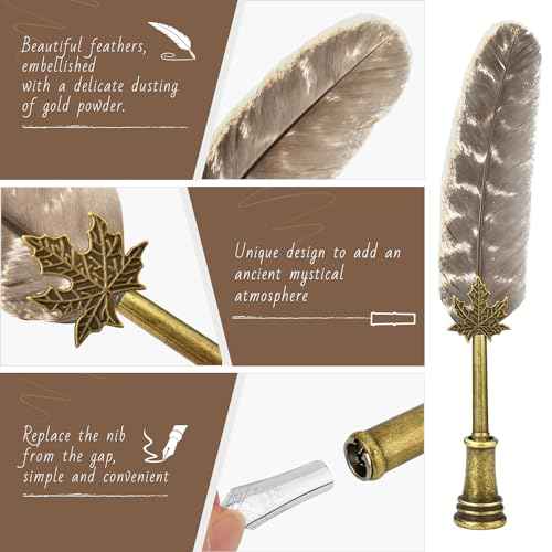 Hethrone Feather Pen and Ink Set - Calligraphy Quill Pen Set Includes Dip Pen, 5 Replacement Nibs and Pen Holder for Writing Lovers (Brown)