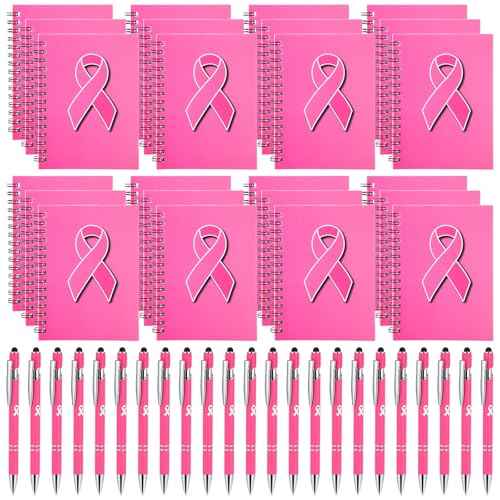 24 Sets Breast Cancer Awareness Pink Ribbon Pocket Notebooks and Pens Hope Strength Journal Notepads for Breast Cancer Awareness Party Favors Items Charity Public Events