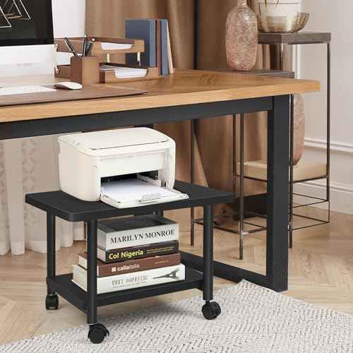 Under Desk Printer Stand - 2-Tier Industrial Mobile Printer Table with Storage Shelf, Heavy Duty Wood Rolling Printer Cart with Wheels for Home and Office,Classic Black