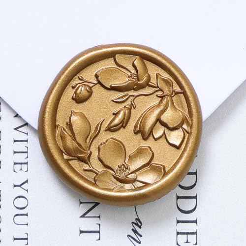 UNIQOOO Wax Seal Stickers - 3D Magnolia Wedding Invitation Envelope Botanical Seal Stickers, 50 Pcs Self- Adhesive Antique Gold Stickers, Perfect for Invitation, Christmas, Gift Wrapping, Party
