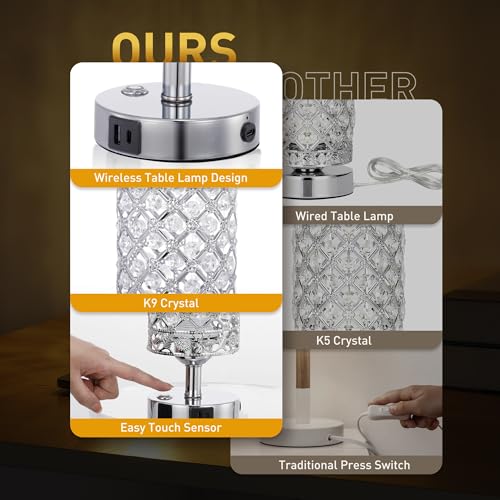 Crystal Table Lamp, Cordless Touch Desk Lamp, Dimmable Bedside Lamp, Modern Nightstand Lamp, 3000K Warm White LED Bulb with USB C+A Charging Port 4000MAH Battery Operated Light for Bedroom
