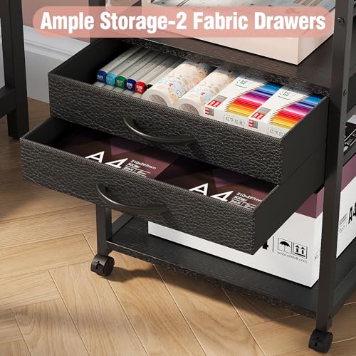 Large Printer Stand with Storage Fabric Drawer Under Desk Printer Table with Wheels for Home Office, Printer Cart fit Fax Machine Scanner (Black, 3 Tiers)