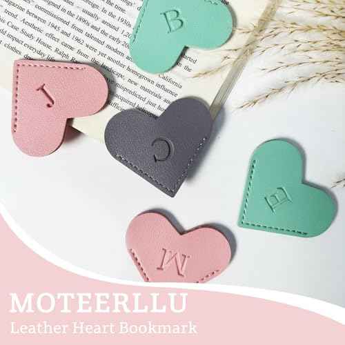 MOTEERLLU Personalized Leather Heart Bookmark with Initial, Cute Letters Custom Corner Book Mark for Reading Women, Teacher, Student, Book Lovers Gifts & Accessories(Pink, A)
