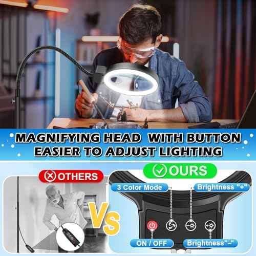 30X 10X Large Floor Magnifying Glass with Light and Stand,72 LED Flexible Gooseneck Floor Magnifying Lamp,2 in 1 Lighted Magnifiers for Close Work, Sewing,Crafts,Hobbies£¨Black£©
