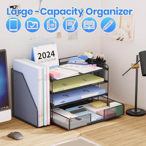 Black 4-Tier Desk Organizer with Drawer & Pen Holders - Office Storage Solution