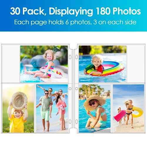 MaxGear 30 Pack 4x6 Photo Sleeves for 3 Ring Binder (180 Pictures), Heavy-Duty Archival Page Protectors, 3-Pocket Clear Photo Album Refill Pages, Plastic Seed Binder Pages 8.5x11, Postcard Sleeves