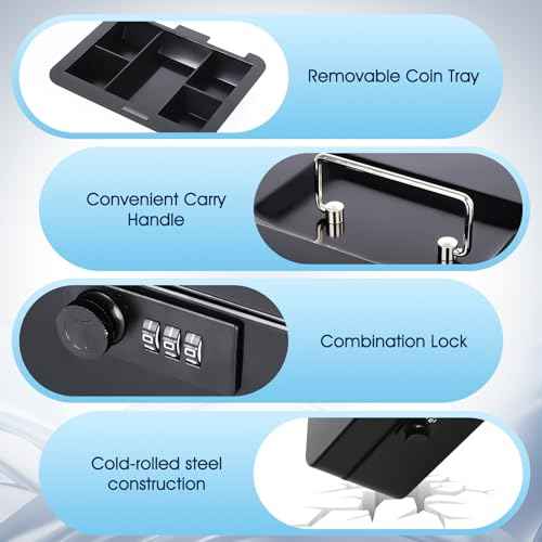 KYODOLED Cash Box with Combination Lock Safe Metal Money Box with Money Tray for Security Lock Box 7.87"x 6.30"x 3.35" Black