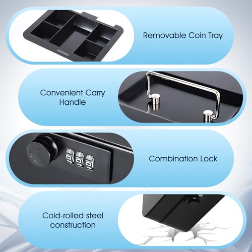 KYODOLED Medium Black Cash Box with Combination Lock & Removable Tray