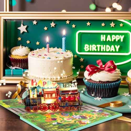 Musical Train Birthday Cards, 3D Lights and Music Happy Birthday Card, Pop Up Birthday Card, Funny Train Birthday Gift, for Son Daughter Boys Girls Nephews Nieces Kids Friends.