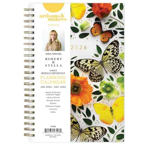 Blue Sky Artisans & Makers Sara Harding 2026 Weekly and Monthly Planner, January 2026 - December 2026, 5" x 8", Flexible Cover, Durable Wire Binding, Laminated Tabs, Pocket, Stickers, Butterflies