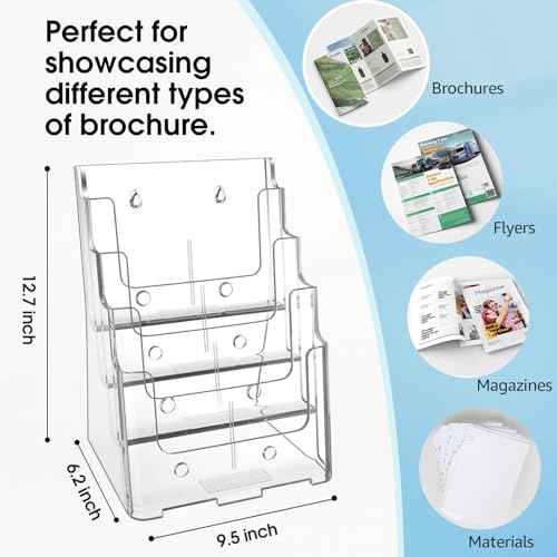 MaxGear Acrylic Brochure Holder 8.5 x 11 inch, 4 Tier Clear Literature Organizer Magazine Stand Display with Removable Divider for 4 x 9 inch Brochures, Pamphlet, Wall Mount or Countertop, 1 Pack