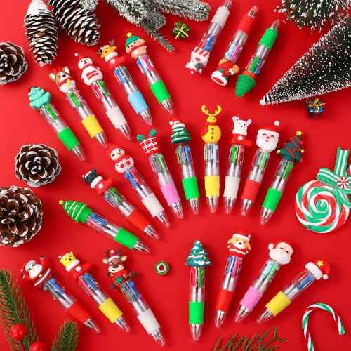 24PCS Christmas Multicolor Ballpoint Pens 4 Colors in 1, Retractable 0.7mm Cartoon Cute Fun Pens for Kids Santa Snowman Writing Pens for Holiday Party School Supplies Students Rewards