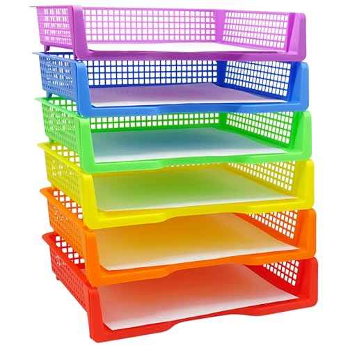 4E's Novelty 6 Colorful Plastic Trays for Teachers, Durable Turn in Trays, Classroom Paper Organizers, Stackable Storage Baskets for Office Desk, Classroom Organization Supplies, 13.3"L x 9.2"W x 3"H