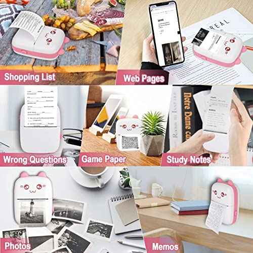 Eschen Pocket Mini Printer, Portable Printer with 6 Rolls Printing Paper for iOS Android Smartphone, Label Receipt Sticker Photo List Notes Inkless Printing Gift, Pink