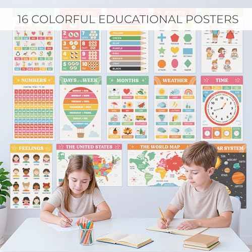 Fun Educational Posters for Toddlers 1?3 ? Set of 16 Easy to Read Learning Posters for Classroom & Homeschool Decor ? Essential Preschool/Kindergarten Kids Room Wall Charts incl. ABC & Number Chart