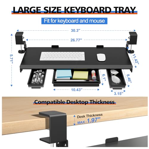 Large Height Adjustable Keyboard Tray with Sturdy C-Clamp Mount and Storage Drawer, 27"(31" Including Clamps) x 12" Slide Out Ergonomic Keyboard Trays for Home and Office, Black