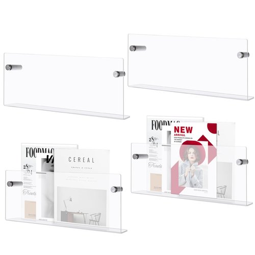 CYEAH 4 Pcs Acrylic Magazine Holder Brochure Holder, 15 in Record Holder Magazine Rack, Wall Mount Hanging Bookshelf Literature Storage Rack, Brochure File Display Shelf for Waiting Room Office Home