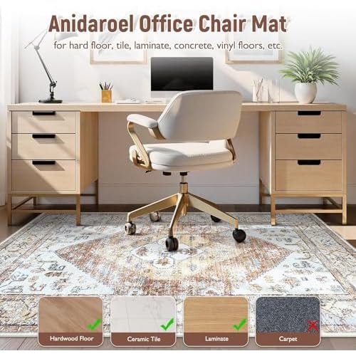 Anidaroel 5x7 Office Chair Mat for Hardwood Floor/Tile, Desk Chair Mat for Home Offices, Under Desk Rug for Rolling Chair, Anti-Slip Office Rugs for Rolling Chairs, Large Floor Protector Rug, Khaki