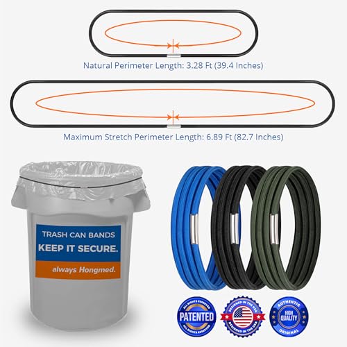 Hongmed Large Trash Can Bands - Set of 3, Fits 32-55 Gallon Cans (Black/Blue/Green) - Large Elastic Rubber Bands