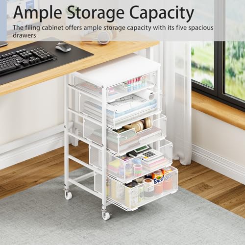 5 Drawer Mobile File Cabinet, Under Desk Mobile Filing Cabinet with Wheels, Vertical Metal Filing Chest Rolling Small Desk Printer Stand Storage Organization for Home Office, White