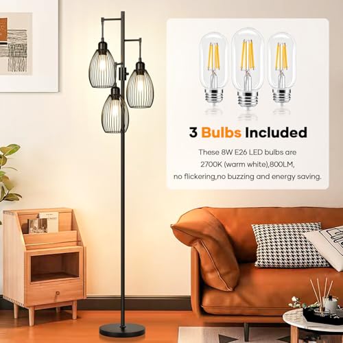 Nintiue Matte Black Dimmable Farmhouse Floor Lamp with 3 LED Bulbs, Tall Standing Tree Lamp for Living Room & Bedroom