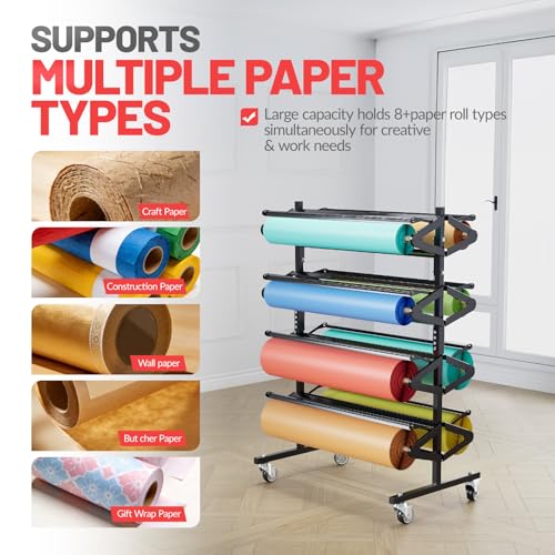 Heavy-Duty Steel 4-Tier Mobile Paper Rack with Lockable Casters for Workshop & Studio