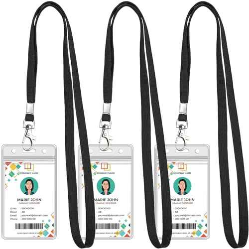 3 Pack Clear ID Badge Holder with Lanyard Black Lanyards with Vertical Waterproof ID Badge Holder for Office, School, Travel