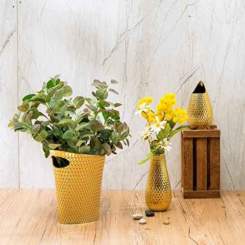 Mini Desktop Trash Can, 1.5L Capacity, Gold Color, Ceramic Material, Inclined Opening Design, Fits Small Spaces