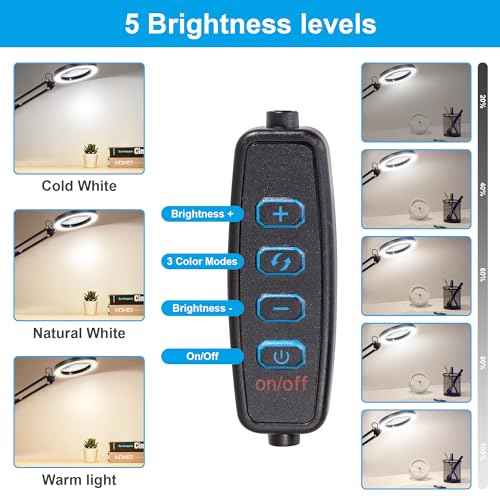 8X Magnifying Glass with Light, 3 Color Modes Stepless Dimmable 8-Diopter Real Glass Lens Magnifier with Light Desk Lamp Clamp Swivel Arm for Crafts Workbench
