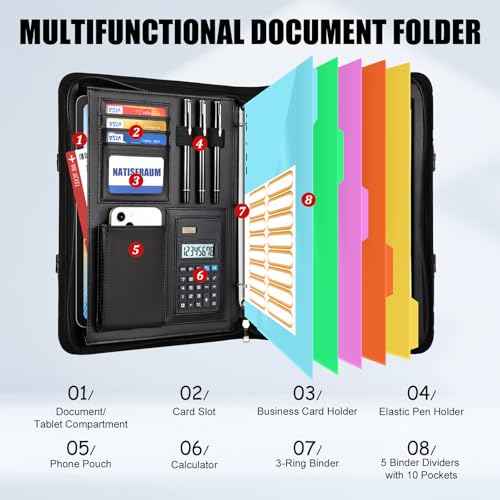 Portfolio Organizer - 3 Ring Binder with Handle, Vegan Leather Business Padfolio Folder with Notepad, Includes 5 Dividers with 10 Pockets for Documents Files