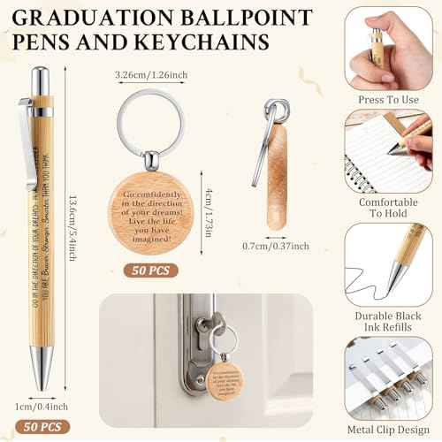 Gueevin 50 Set 2025 Inspirational Graduation Gift Bulk Spiral Kraft Notebooks Bamboo Ballpoint Pens Keychains for College Graduate Teacher Student Employee Coworker Appreciation Gift