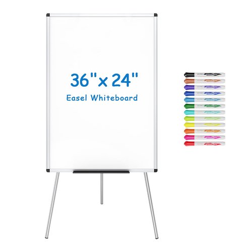 VIZ-PRO Whiteboard Easel, 36 x 24 Inches, Portable Dry Erase Board Height Adjustable for School Office and Home, with 12 Colored Markers