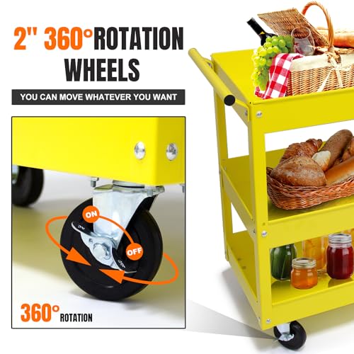 Generic 3 Tier Utility Service Cart 400 lbs, Steel Rolling Tool Cart on Wheels,Load Capacity for Mechanic Garage Warehouse Workshop & Repair Shop,Yellow