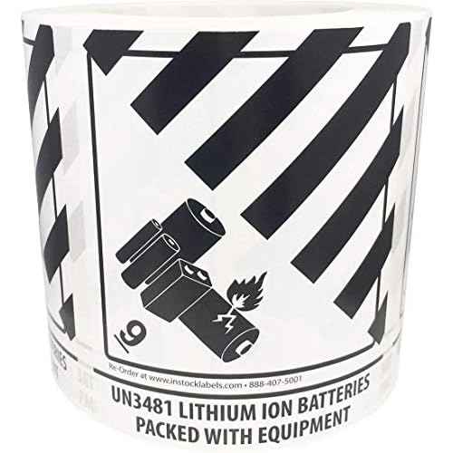 Lithium Ion Batteries Packed with Equipment UN 3481 Hazard 9 (Pre-Printed) Labels 4 x 4.75 Inch 500 Total Stickers on a Roll