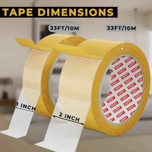 SWRT Double Sided Fabric Tape, 1" & 2" x 33FT Combo Roll, Heavy Duty Clear Tape with Strong Adhesion, No Residue, for Carpet, Fabric, Clothes, Crafts, Book, Outdoor & Indoor Use