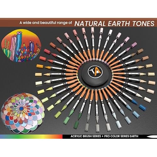 36 Flexible Brush Tip Earth Tones Acrylic Paint Pens Markers Set 1-7mm Line for Rock Painting, Brush Lettering, Glass, Mugs, Wood, Metal, Canvas, Fabric, Plastic. Non Toxic Waterbased Quick Drying