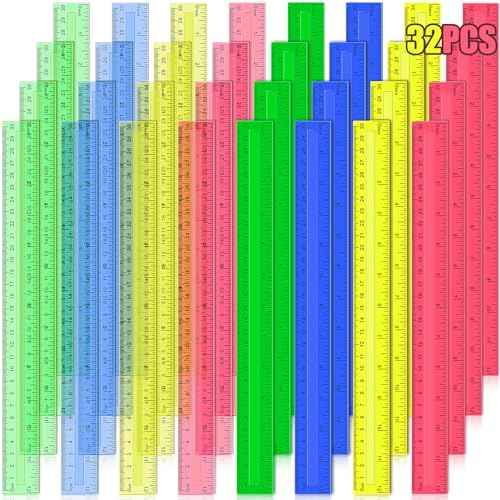 12 Inch Plastic Rulers, 32 PCS Transparent Assorted Color Metric Bulk Rulers with Inches Centimeters Millimeter. Measuring Drawing Tool for Kids, Ideal Back to School Office Home Supplies