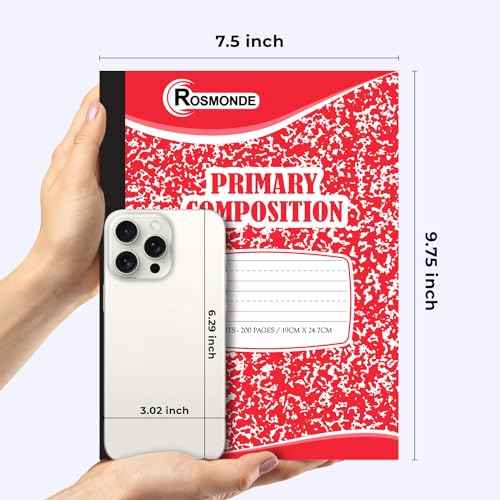 Rosmonde Composition Notebooks Primary Ruled 5 Pack, 200 Pages (100 Sheets), Color Marble Composition Notebook, Sewn Binding Hard Cover, Primary Composition Notebook for Kids, Writing Dotted Lined