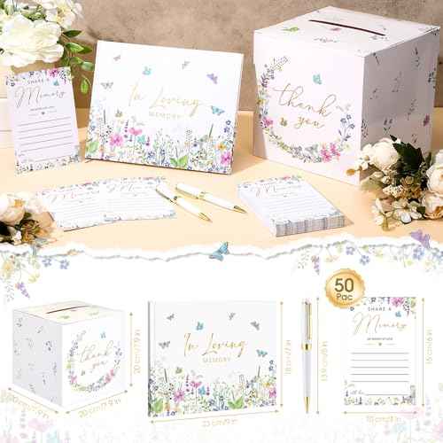54 Pcs Funeral Guest Book for Memorial Service Celebration of Life Guest Book Hardcover in Loving Memory with 50 Memory Cards, Box, 2 Pens for Funeral Memorial Farewell Party Favor(Bright)