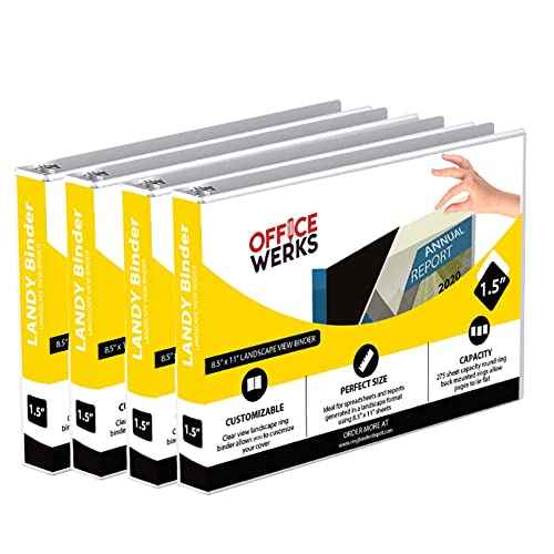 4 Pack of 8.5" X 11" Landscape View Binder, 3-Ring 1.5 Inch Capacity Round Ring, White Horizontal Formatted with Clear Cover Pockets for Documents, Spreadsheets, Projects and More