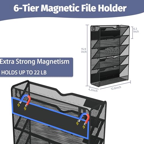 6-Tier Magnetic File Holder, Large Capacity File Cabinet Organizer, No-Drill Mount Hanging Magnetic Paper Holder for File Cabinets, Office, Whiteboard, Magnetic Mail Holder, Black