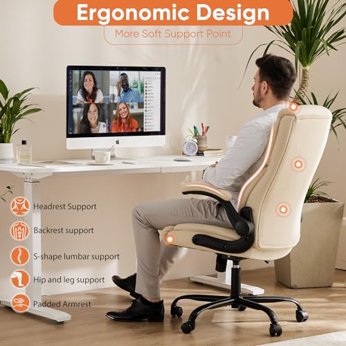 Beige Sweetcrispy High Back Desk Chair with PU Leather, Ergonomic Office Chair