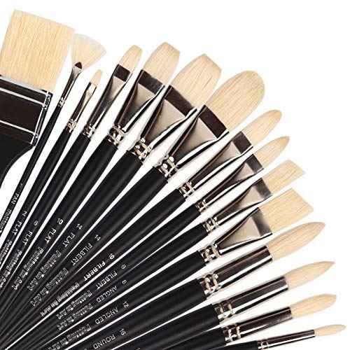 Falling in Art Natural Bristle Professional Paintbrush Set, 15PCS Long Handled Paint Brushes for Acrylic Painting, Oil Paint Brushes with Bamboo Storage Pouch