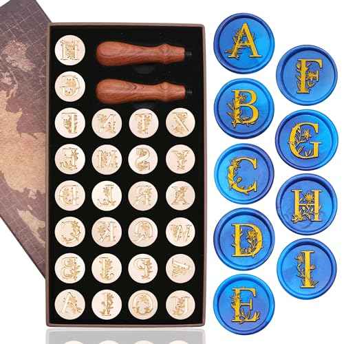 SWANGSA Initial Alphabet A-Z Wax Seal Stamp Kit, Elegant Botanical Flower Floral 26 Letter Sealing Stamp With 624pcs Beads, Warmer, and Pen