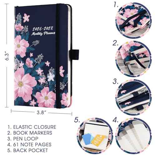 2026-2028 Pocket Calendar - 3 Year Monthly Planner from January 2026 - December 2028, 6.3" x 3.8", 2026-2028 MonthlyPlanner with 61 Notes Pages, Inner Pocket, Pen Loop, Elastic Closure