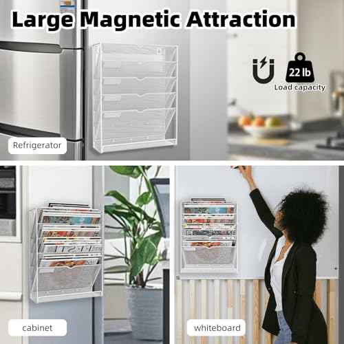 6 Tier Magnetic File Holder, No Drilling Installation File Cabinet Organizer,Black Magnetic File Holders, Magnetic Paper Holder for Refrigerator,File Cabinets, Whiteboard, White