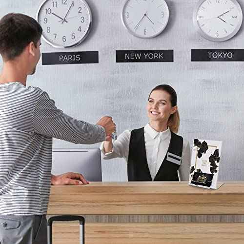 Crtiin 6 Pcs 5 x 7 Inch Acrylic Slanted Sign Holder with Business Card Holders Clear Display Stand Flyer Stand with Gift Card Holder for Office Table Advertisement Brochure