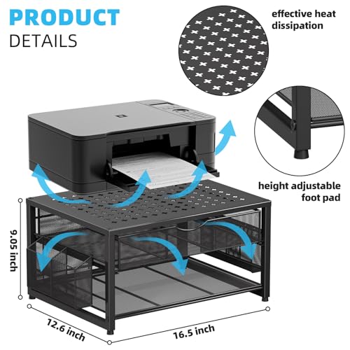 Marbrasse Metal Printer Stand for Desk with Storage Drawer and 2 Pen Holders, 2-Tier Desktop Organizer Printer Table for Home Office, Multi-Purpose Desk Organizer for Fax Machine Scanner Files(Black)