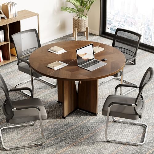 LITTLE TREE 39-Inch Small Conference Table for 4, Round Meeting Table with X-Shape Pedestal, for Office, Conference Room, Small Spaces, Dark Brown