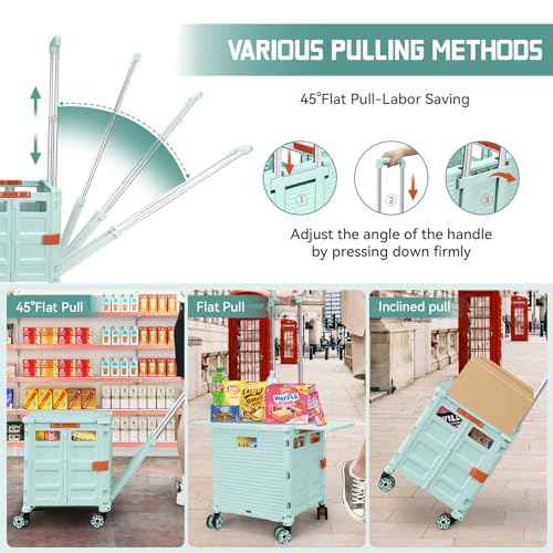 Foldable Utility Cart Collapsible Portable Crate Rolling Carts with Magnetic Lid Telescopic Handle Wear-Resistant 360¡ÆRotate Noiseless Swivel Wheel for Shopping Moving Storage Luggage Office(Green)